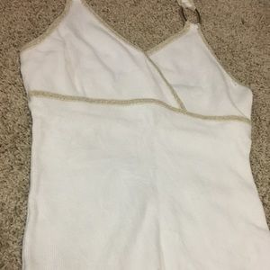 White with gold trip halter top fr m Cache. Small
